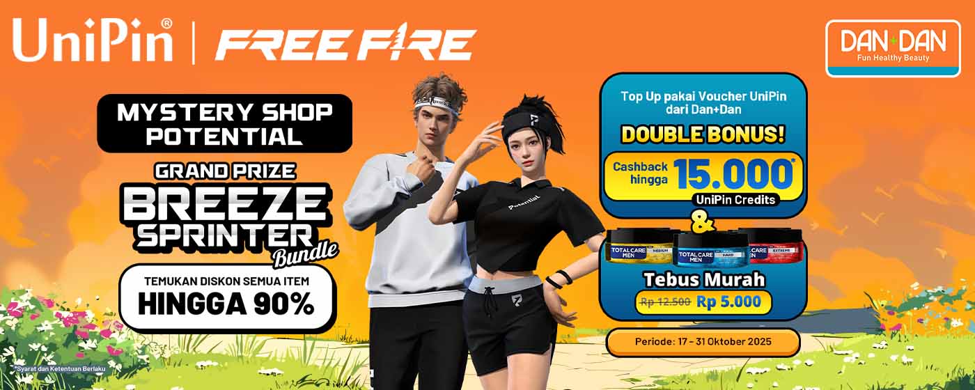 FF Mystery Shop Potential Triple Bonus dari Dan+Dan! Diskon Item 90%, Cashback hingga Tebus Murah Total Care Men